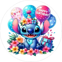 Kulatý jedlý obrázek na dort – Lilo & Stitch, Stitch s kloboučkem a dárkem (modrá, růžová)