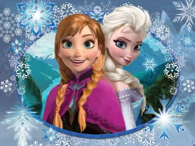 Frozen – Medailonek sester a zasněžené hory – jedlý obrázek na hranatý dort