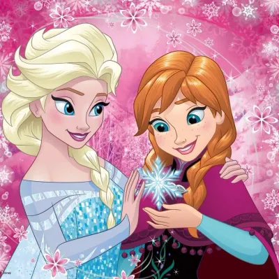 Frozen – Elsa a Anna na sytě růžovém pozadí – jedlý obrázek na hranatý dort