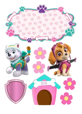 Paw Patrol – Skye a Everest s boudou a květy – jedlý papír k výřezu