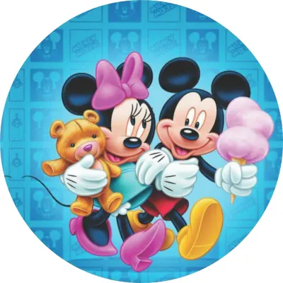 Mickey a Minnie – ruku v ruce na modrém pozadí – jedlý obrázek na dort