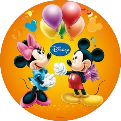 Mickey a Minnie – balonky a dárek na oranžové – jedlý obrázek na dort