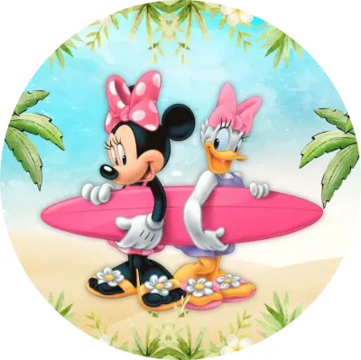 Minnie a Daisy – na pláži se surfem – jedlý obrázek na dort