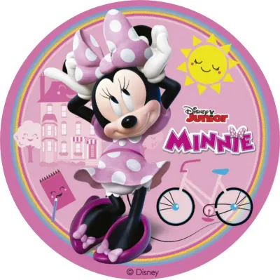 Minnie – s kolem, sluníčkem a městečkem – jedlý obrázek na dort