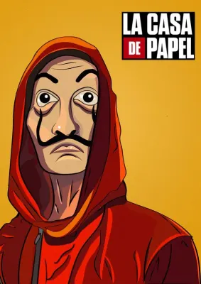 Papírový dům – maska Dalího a žluté logo – jedlý obrázek na hranatý dort