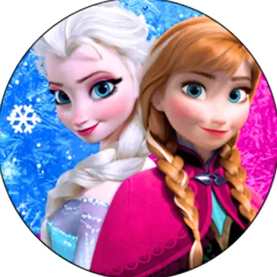 Frozen – tváře Anny a Elsy s velkou vločkou – jedlý obrázek na dort