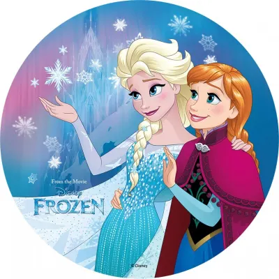 Frozen – Elsa a Anna v objetí u paláce – jedlý obrázek na dort