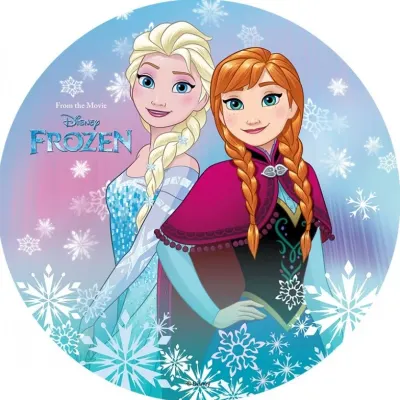 Frozen – Anna a Elsa v peleríně na modrém – jedlý obrázek na dort