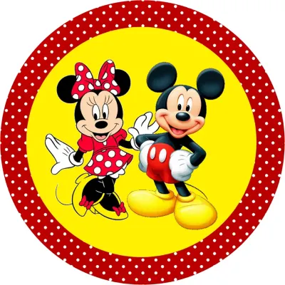 Mickey a Minnie – žlutý střed s puntíky – jedlý obrázek na dort