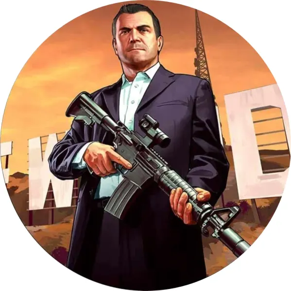 Kulatý jedlý obrázek na dort – GTA, Grand Theft Auto Michael (černá, žlutá, hnědá)