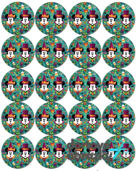List jedlých koleček na cupcakes – Mickey a Minnie, Halloween (tyrkysová, fialová, černá)
