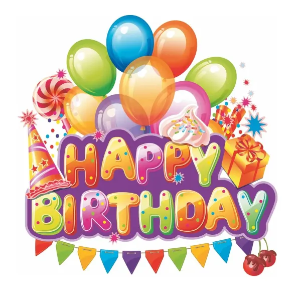 Kulatý jedlý obrázek na dort – Happy Birthday, dárek, čepička a girlanda (duhová, fialová, žlutá)