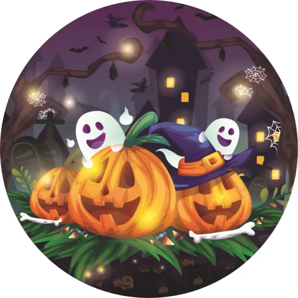 Kulatý jedlý obrázek na dort – Halloween, Tři dýně a duchové (fialová, žlutá, černá)