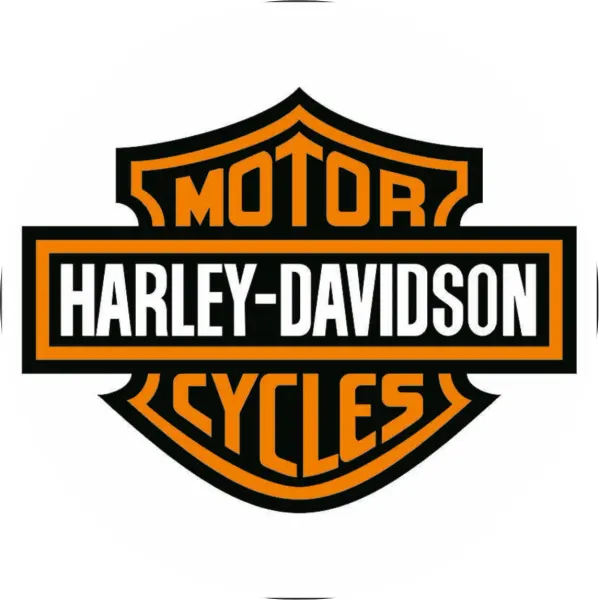 Kulatý jedlý obrázek na dort – Harley Davidson, oranžovo-černý štítové logo (žlutá, černá, bílá)