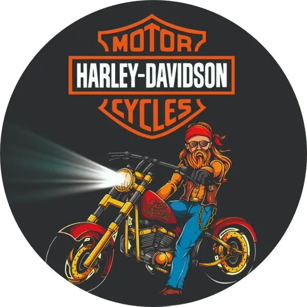 Kulatý jedlý obrázek na dort – Harley Davidson, vousatý jezdec na chopperu (černá, červená, žlutá)
