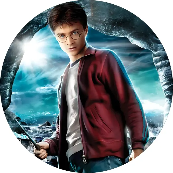 Kulatý jedlý obrázek na dort – Harry Potter, Harry u mořské jeskyně (modrá, červená, černá)