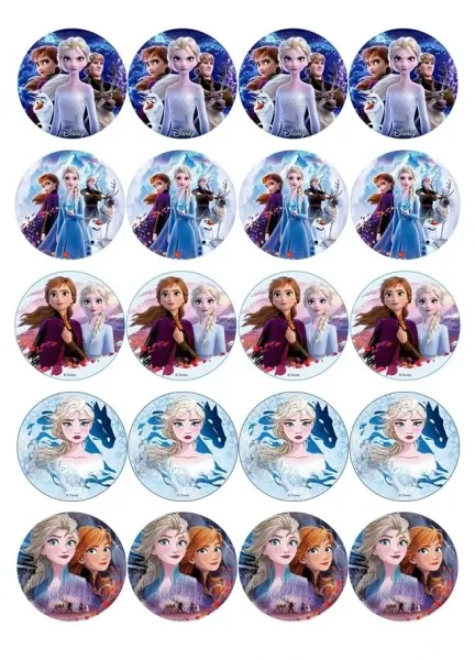 List jedlých koleček na cupcakes – Frozen Cupcakes, Elsa s koněm Nokkem a parta (modrá, fialová, bílá)