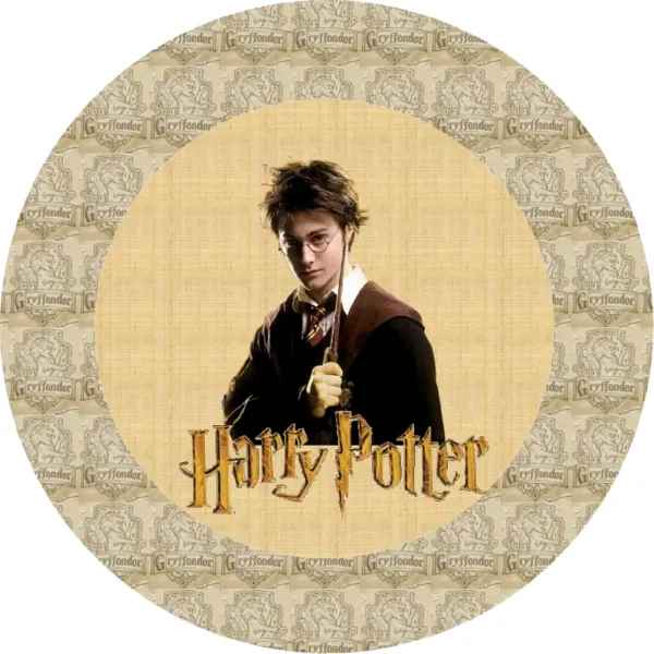 Kulatý jedlý obrázek na dort – Harry Potter, s hůlkou a znaky Nebelvíru (hnědá, žlutá, černá)