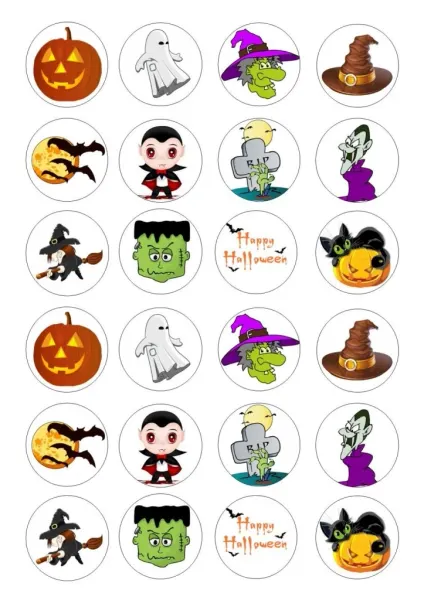 List jedlých koleček na cupcakes – Halloween, zelená čarodějnice a Frankenstein (černá, zelená, fialová)