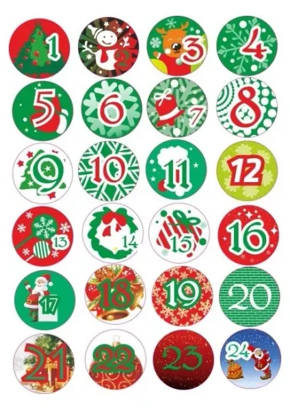 List jedlých koleček na cupcakes – Adventní kalendář, Santa a dárky, červený (červená, zelená, bílá)