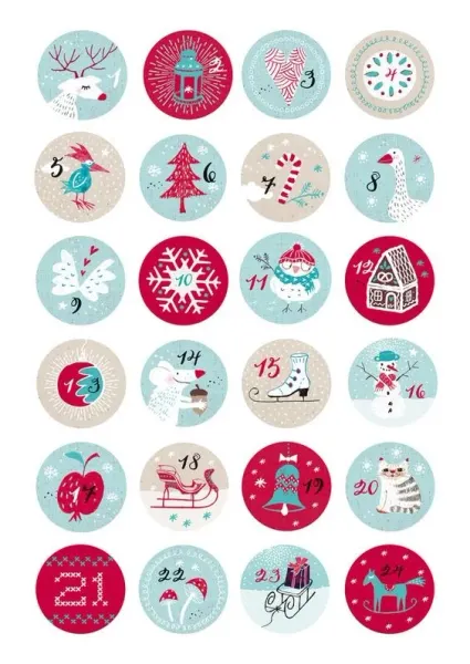 List jedlých koleček na cupcakes – Adventní kalendář, zvířátka a chaloupka (červená, modrá, bílá)