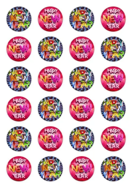 List jedlých koleček na cupcakes – Happy New Year (růžová, modrá, žlutá)