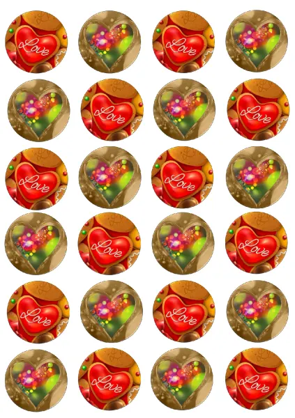 List jedlých koleček na cupcakes – Barevná láska (červená, zlatá, hnědá)