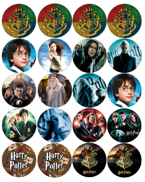 List jedlých koleček na cupcakes – Harry Potter cupcakes, hrdinové a Bradavice (modrá, zelená, hnědá)