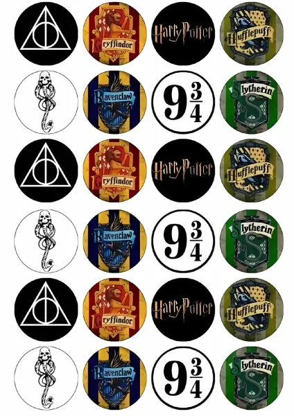 List jedlých koleček na cupcakes – Harry Potter cupcakes, kolejní erby a symboly (černá, bílá, červená)
