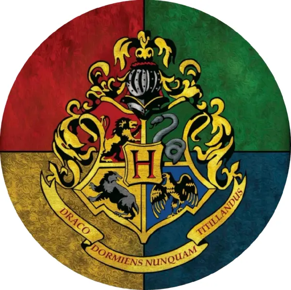 Kulatý jedlý obrázek na dort – Harry Potter, Bradavický znak se stuhou (červená, zelená, zlatá)