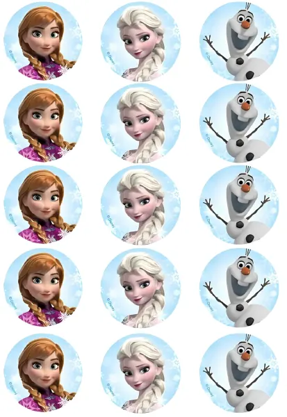 List jedlých koleček na cupcakes – Frozen cupcakes, portréty Elsa, Anna a Olaf (modrá, bílá, fialová)