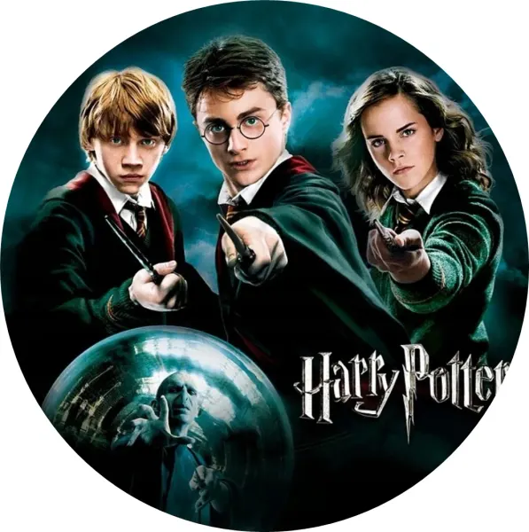 Kulatý jedlý obrázek na dort – Harry Potter, trojice v tyrkysovém pozadí (modrá, tyrkysová, zelená)