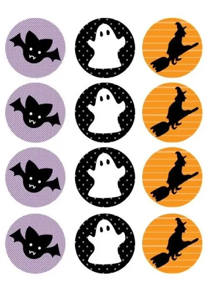 List jedlých koleček na cupcakes – Halloween, netopýr a čarodějnice na mřížce (černá, fialová, žlutá)