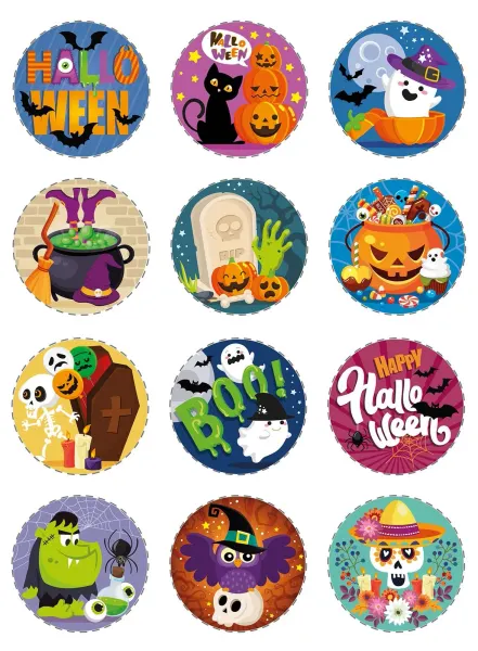 List jedlých koleček na cupcakes – Barevný Halloween (fialová, žlutá, modrá)