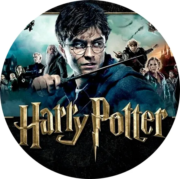 Kulatý jedlý obrázek na dort – Harry Potter Bitva o Bradavice, Harry a přátelé (černá, zlatá, modrá)