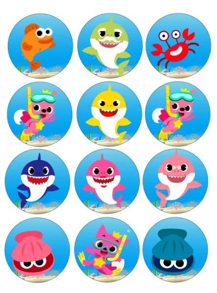 List jedlých koleček na cupcakes – Baby Shark Cupcakes (modrá, žlutá, růžová)