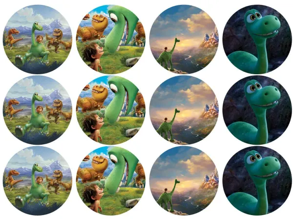 List jedlých koleček na cupcakes – Hodný dinosaurus cupcakes (zelená, modrá, hnědá)