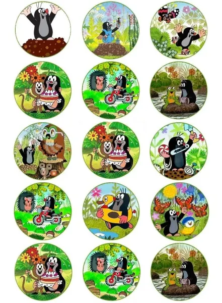 List jedlých koleček na cupcakes – Krtek (zelená, žlutá, červená)
