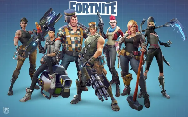 Obdélníkový jedlý obrázek na dort – Fortnite, hrdinové na modré mřížce (modrá, černá, šedá)