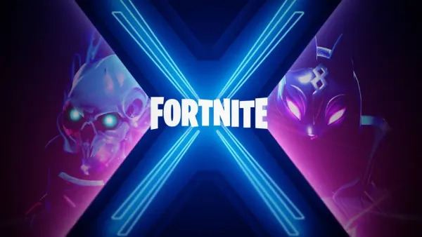 Obdélníkový jedlý obrázek na dort – Fortnite, modré neonové X a lebka (modrá, fialová, černá)