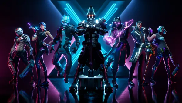 Obdélníkový jedlý obrázek na dort – Fortnite, bojovník a neonové písmeno X (černá, tyrkysová, fialová)