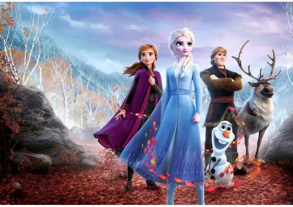 Obdélníkový jedlý obrázek na dort – Frozen, Hrdinové v kouzelném podzimním lese (modrá, fialová, hnědá)