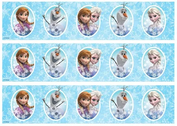 Obdélníkový jedlý papír k výřezu – Frozen, pásy s medailonky postav (modrá, bílá, fialová)