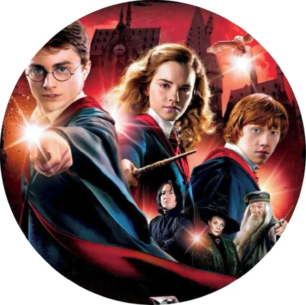 Kulatý jedlý obrázek na dort – Harry Potter, hrdinové s hradem a profesory (červená, černá, zlatá)