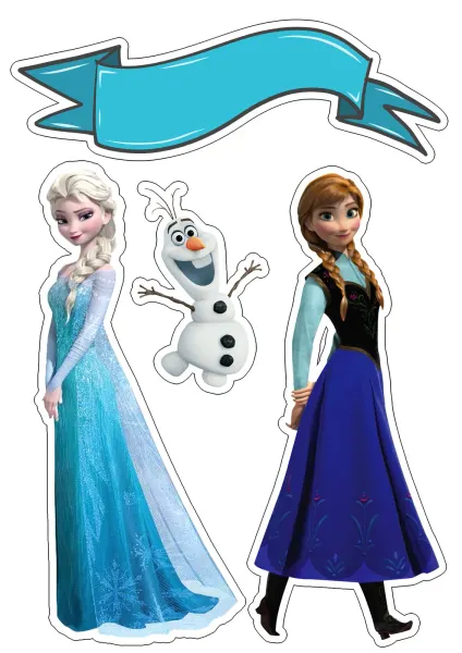 Obdélníkový jedlý papír k výřezu – Frozen, Elsa, Anna a Olaf se stuhou (modrá, tyrkysová, bílá)