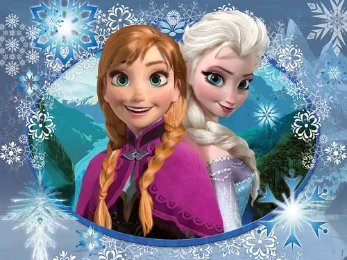 Obdélníkový jedlý obrázek na dort – Frozen, Medailonek sester a zasněžené hory (modrá, bílá, fialová)