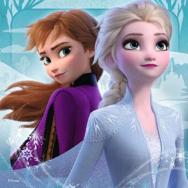 Obdélníkový jedlý obrázek na dort – Frozen, Portrét sester s hradem Arendelle (modrá, fialová, bílá)