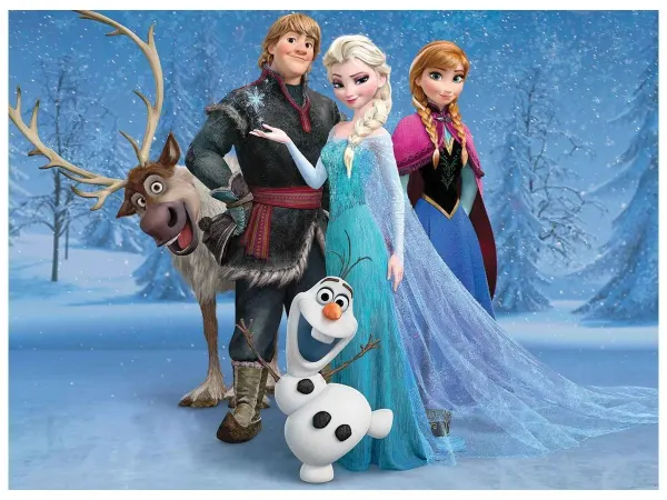 Obdélníkový jedlý obrázek na dort – Frozen, Všichni hrdinové mezi rampouchy (modrá, tyrkysová, bílá)