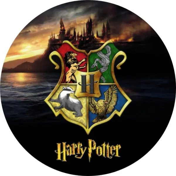 Kulatý jedlý obrázek na dort – Harry Potter, Bradavický znak a hrad v noci (černá, zlatá, modrá)