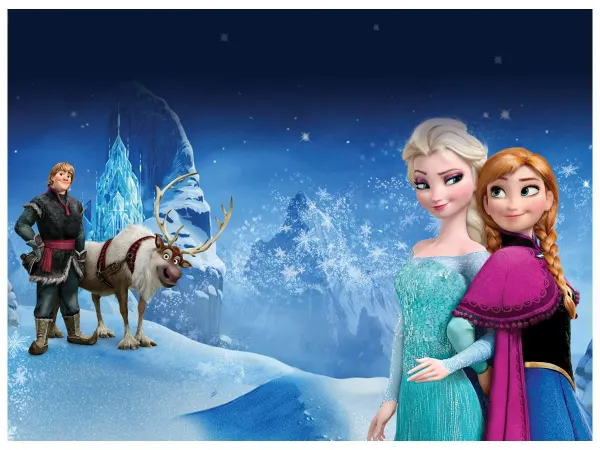 Obdélníkový jedlý obrázek na dort – Frozen, Elsa, Anna, Kristoff a Sven u paláce (modrá, bílá, tyrkysová)